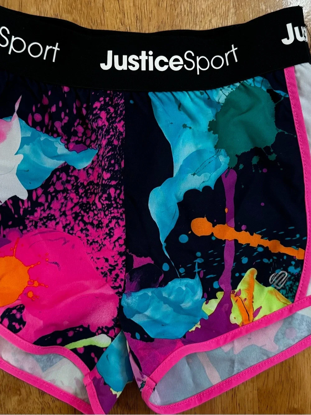 Justice Kids Athletic Shorts — Neon Splash Print with Black Waistband